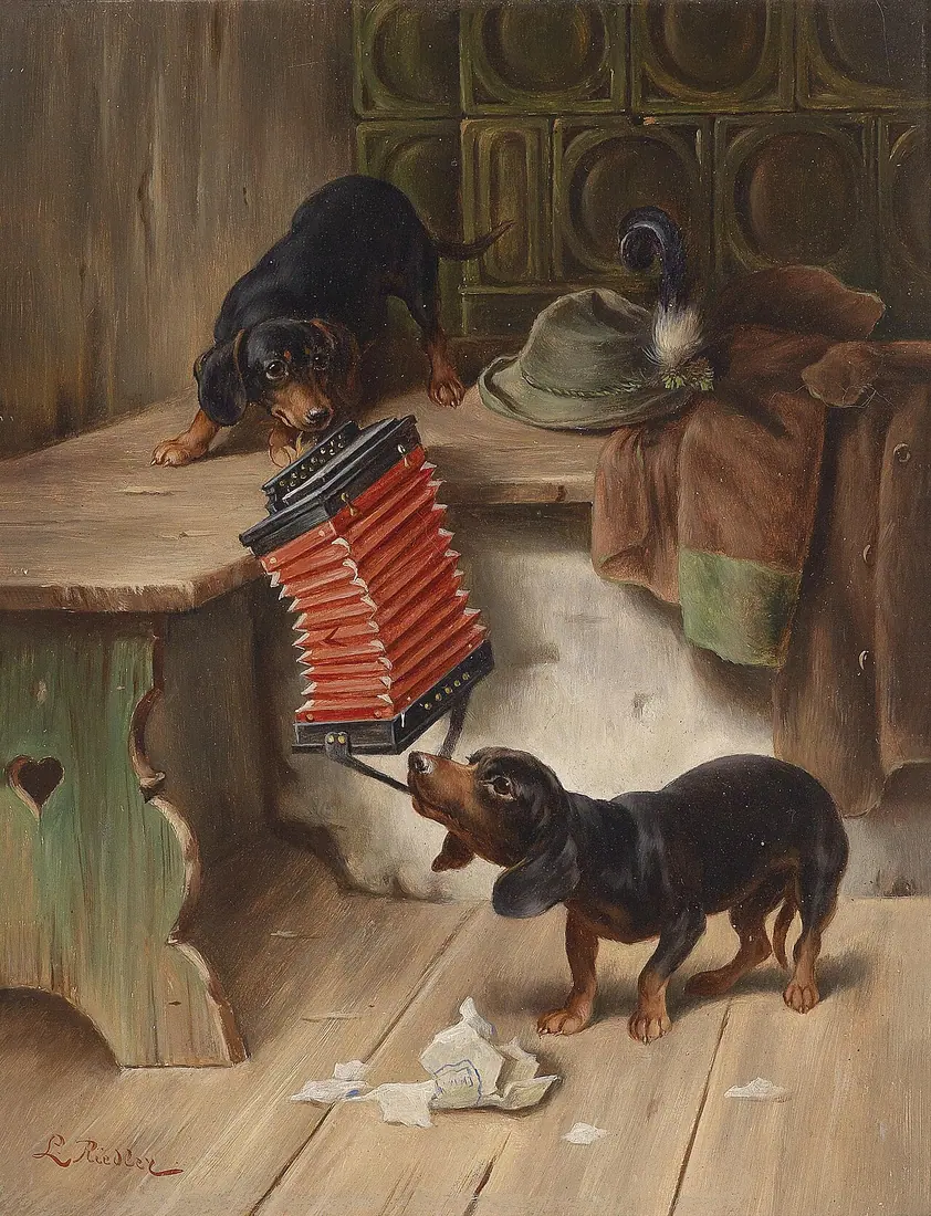 "Wie wird es enden?", rückseitig betitelt, signiert L. Riedler, Öl auf Holz, 26,5 x 20,5 cm